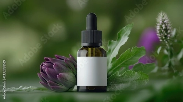 Obraz 
Dark Glass Dropper Bottle with Black Lid, Surrounded by Abundant Artichokes and Milk Thistle – Herbal and Natural Display