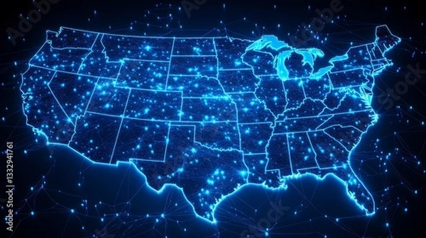 Fototapeta A virtual map of the United States illuminated by a web of connections