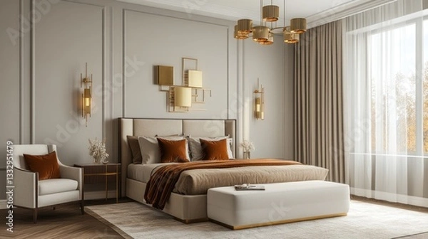 Fototapeta Luxurious Beige and Gold Master Bedroom Interior Design