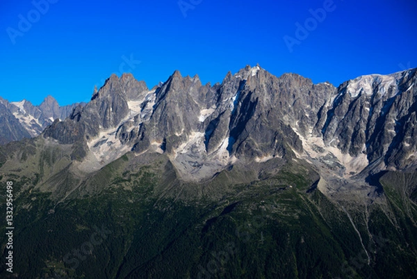 Obraz Three summits in the Mont Blanc massif, from left: the Aiguille du Grépon (3482m), the Aiguille de Blaitière (3522m) and the Aiguille du Plan (3673)m.