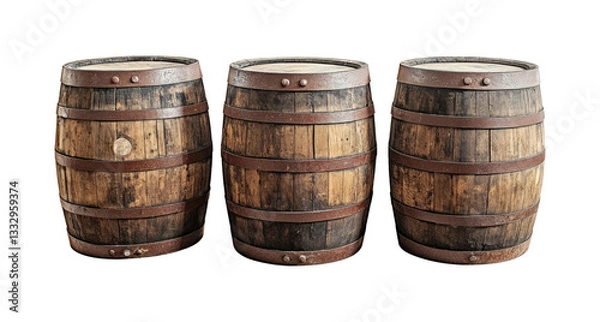 Fototapeta Set of old wooden barrel isolated on transparent background.