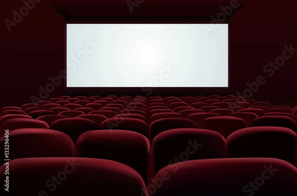 Fototapeta Red seats of cinema in front of blank screen