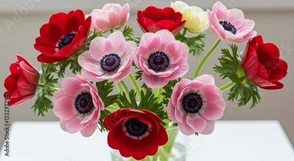 Obraz Bouquet with anemones and greenery in red and pink tones, symbolizing love and elegance