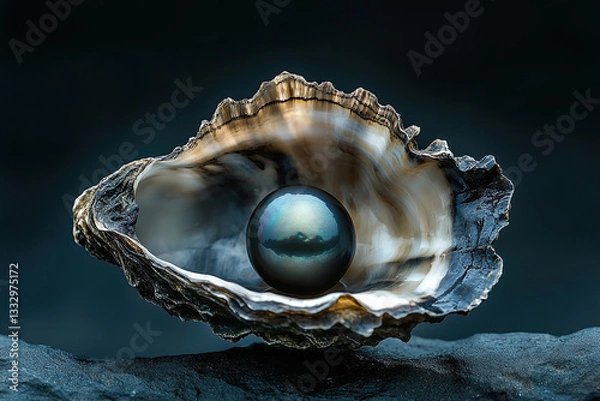 Fototapeta dramatic open oyster with huge black Tahitian pearl sitting inside
