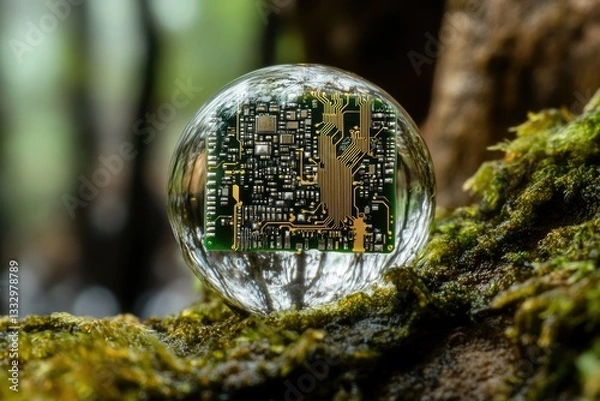 Fototapeta A circuit board encased in a glass sphere rests on moss, symbolizing technology's integration with nature.