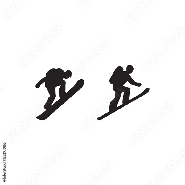 Fototapeta snowboarder jumping on the slope.Two snowboarders in silhouette, enjoying a winter adventure.A simple, impactful stock image showcasing two snowboarders in silhouette against a pure white background.