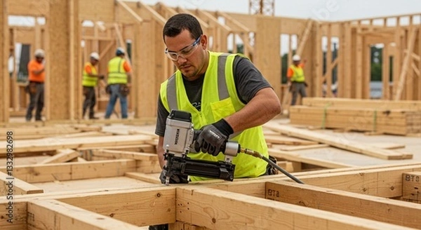 Obraz Carpenter Using Nail Gun During House Construction on the Construction Site