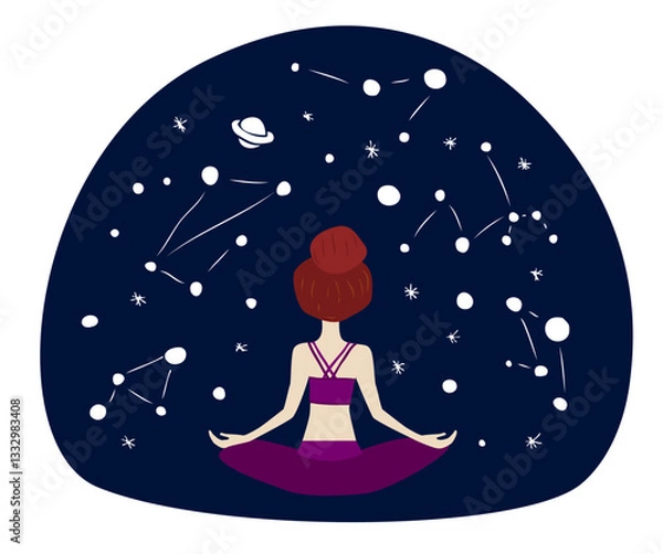 Fototapeta A girl sitting in lotus pose meditating looking in to a night sky wit stars and planets on it. Simple illustration.
