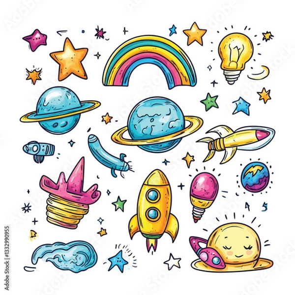 Fototapeta Cute Space Doodle Set with Planets, Rockets, and UFOs