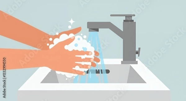 Fototapeta A simple, clean illustration depicting hands being washed with soap suds under a faucet in a bathroom sink.
