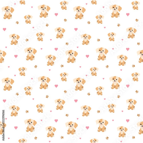 Fototapeta Vector seamless pattern with little dogs, hearts, paw prints on a white background. Cartoon character, puppy. Print for clothes, wallpaper, scrapbooking.