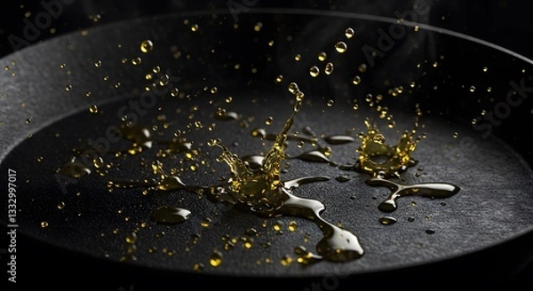 Fototapeta Golden oil droplets splashing in dark pan cooking food art fry life heat black shiny still macro