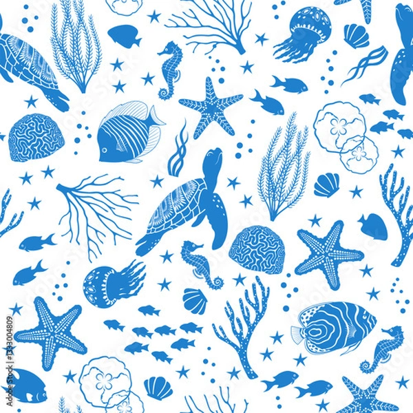 Obraz Vector seamless monochromatic blue pattern of marine life on white background.