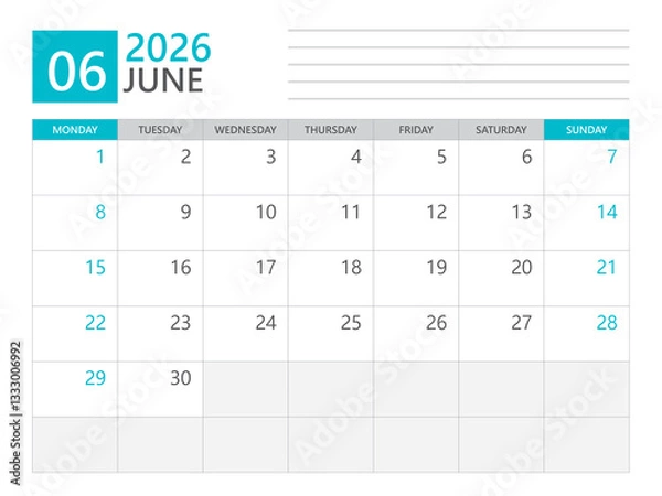 Fototapeta Calendar 2026 template vector, June 2026 template, week start on Monday, Desk calendar 2026 year, Business calendar in a minimalist, simple planner, Corporate planner template, print media design