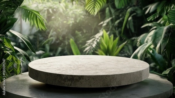 Fototapeta Elevated stone display platform in a lush, vibrant, tropical garden setting