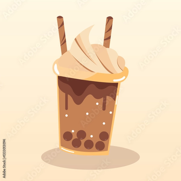 Fototapeta Vector Illustration of Chocolate Bubble Milk Tea Ice with Whipped Cream. High Resolution Vector Illustration of Chocolate Cold Drink