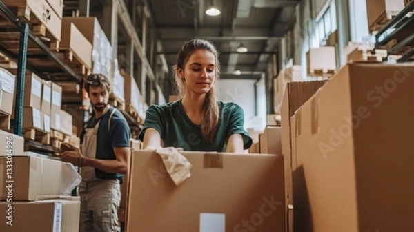 Obraz Workers packing boxes in a large warehouse.