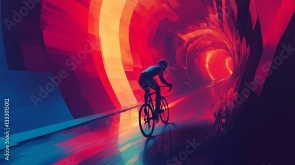 Fototapeta Cyclist speeds through a colorful geometric tunnel.