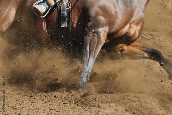 Obraz A barrel racing horse skids around the corner throwing up dirt
