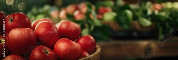 Fototapeta A vibrant pile of fresh red apples showcases nature's bounty, representing abundance, health, and the joy of shopping in a farmers' market filled with organic produce.