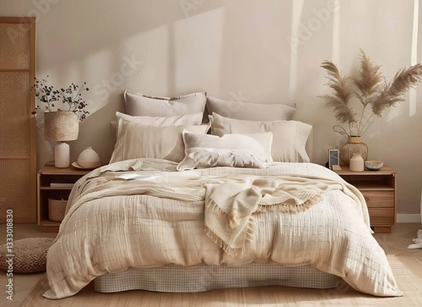 Fototapeta Modern bedroom interior with a bed, nightstand, and lamp. Minimalist home design of a living room in beige color tones. Scandinavian-style bedroom with wooden furniture.  with 2/3 space for text.