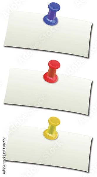 Obraz Message paper note and push pins on different colors with shadow effects.