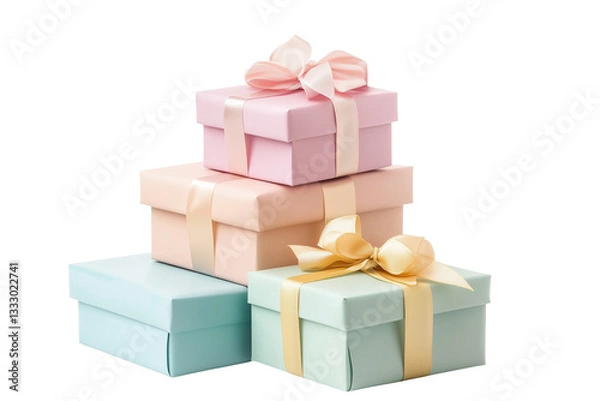 Fototapeta A composition of multiple gift boxes with beautiful ribbons in pastel colors. Great for holiday-themed designs. PNG with a transparent background