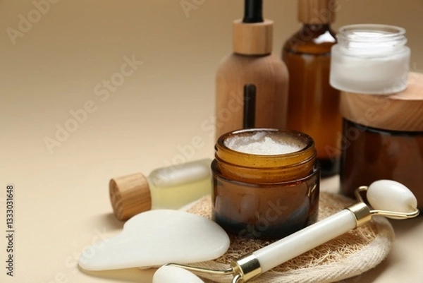 Fototapeta Different body care products and massaging tools on beige background, closeup. Space for text