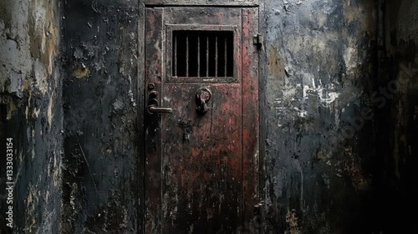 Fototapeta Exploring an abandoned cell door in a forgotten prison dark environment captivating photography perspective