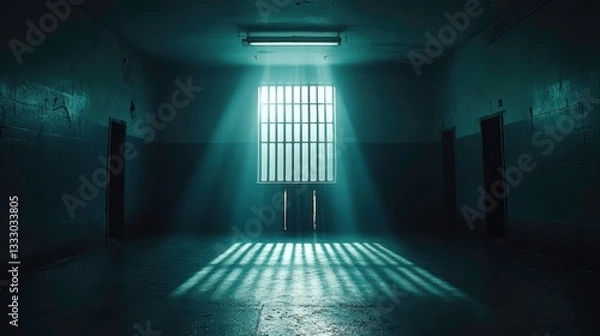 Fototapeta Mysterious light streaming through bars abandoned prison cell atmospheric photography dark interior perspective on isolation
