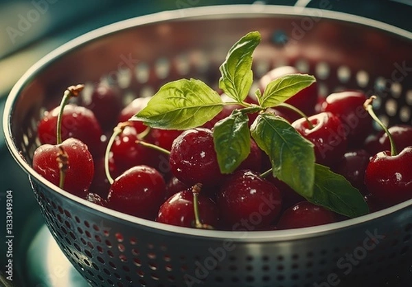 Fototapeta Fresh cherries glistening in a metal colander with a basil garnish, evoking a sense of summer freshness and vibrant taste.