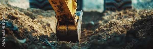 Fototapeta Close-up of a yellow excavator's bucket digging into the earth on a sunny day.