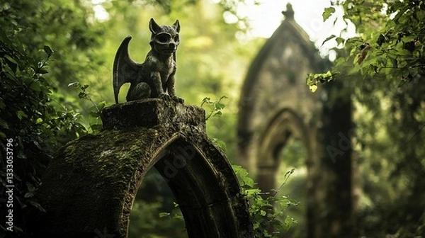 Obraz A stone gargoyle perched atop a moss-covered archway in a lush, overgrown environment. A blurred arch is in the background, creating a mystical atmosphere.