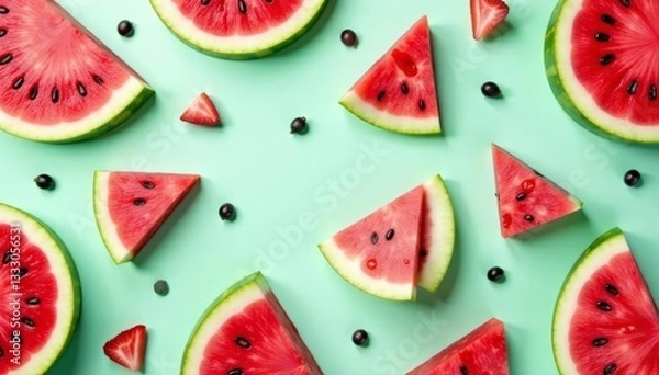 Fototapeta Vibrant watermelon pattern with seeds for a fun and playful look, fruit, repeated, vector