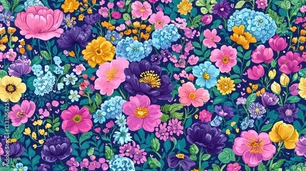 Fototapeta Vibrant Blooms: An Artistic Floral Pattern with a Lush and Colorful Aesthetic