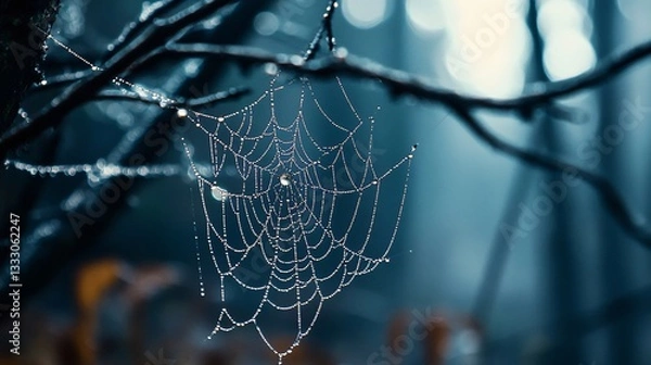 Obraz Spiderweb covered in dewdrops hangs between branches in a misty, atmospheric forest scene. Focus on nature's beauty.