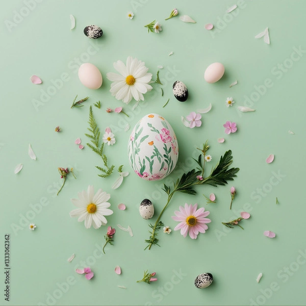Fototapeta A creative Easter egg concept made of fresh, pastel field flowers, leaves, and Spring-painted eggs, set against a green background with colorful floral decoration.