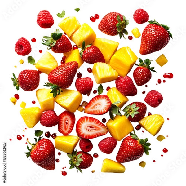 Fototapeta Fresh Strawberries Mango and Pineapple Pile Isolated on Transparent Background