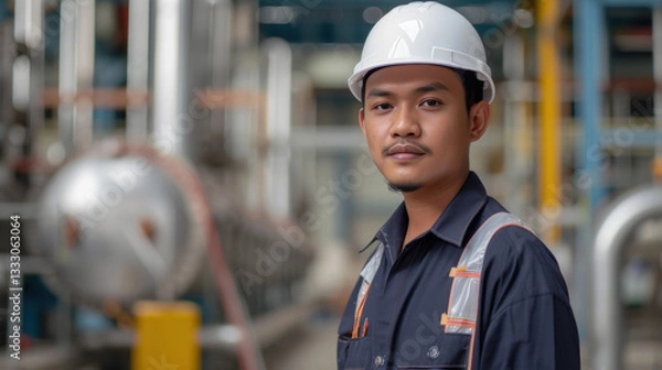 Fototapeta The man works as an engineer at a factory, at a station, at a construction site.