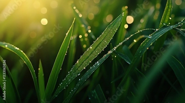 Obraz Close-up of vibrant green grass blades covered in glistening dew drops, bathed in warm, soft sunlight creating a bokeh effect.