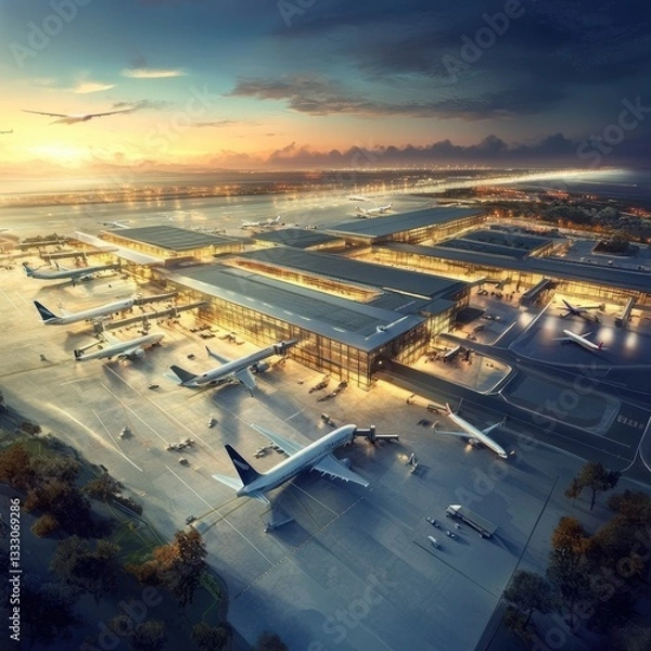 Fototapeta Airport operations during sunset global hubs aerial photography urban environment high-altitude view transportation concepts