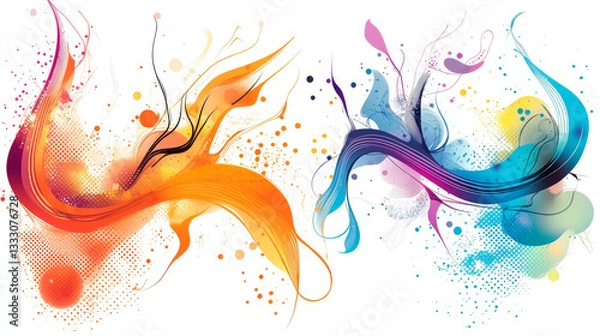 Obraz Colorful abstract shapes. Saturated fluid gradients flux, organic shape with lines and dotted patterns. Gradient fluid bubbles or liquid forms. Vector background isolated elements set