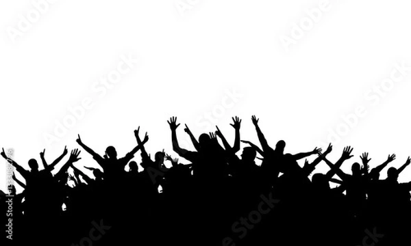 Obraz Silhouettes of cheerful people having fun celebrating. Crowd of people having fun at a party on a holiday on a white background. Applause people hands up.