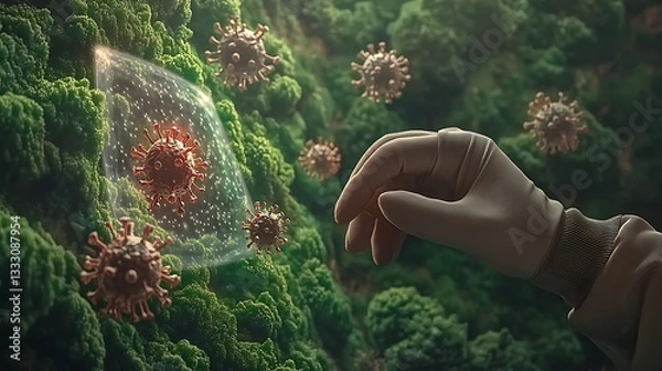 Fototapeta A futuristic scientist interacting with a transparent holographic interface displaying bioengineered virus simulations