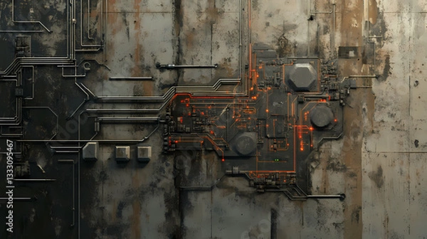 Fototapeta Aged cement wall with hidden electronic circuits pulsing subtly. Hidden Connections. Illustration