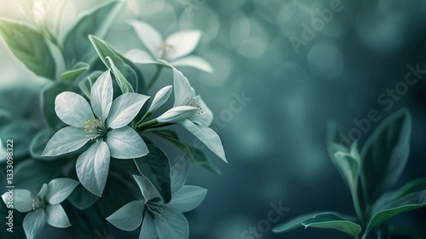 Fototapeta White blossoms against a blurred teal background create a gentle dreamy floral scene