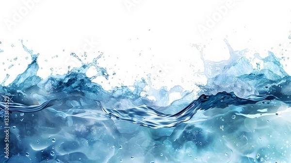 Fototapeta Blue water splashes and flows creating a dynamic abstract pattern against a light background