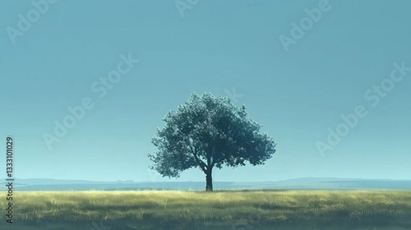 Fototapeta one shady tree in the middle of the grass with a background of a clear cloudless sky, a background with a natural concept