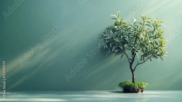 Fototapeta A small tree stands against a textured green wall casting a shadow suggesting tranquility and simplicity