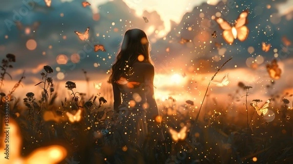 Fototapeta A figure stands in a field with glowing butterflies bathed in warm sunset light